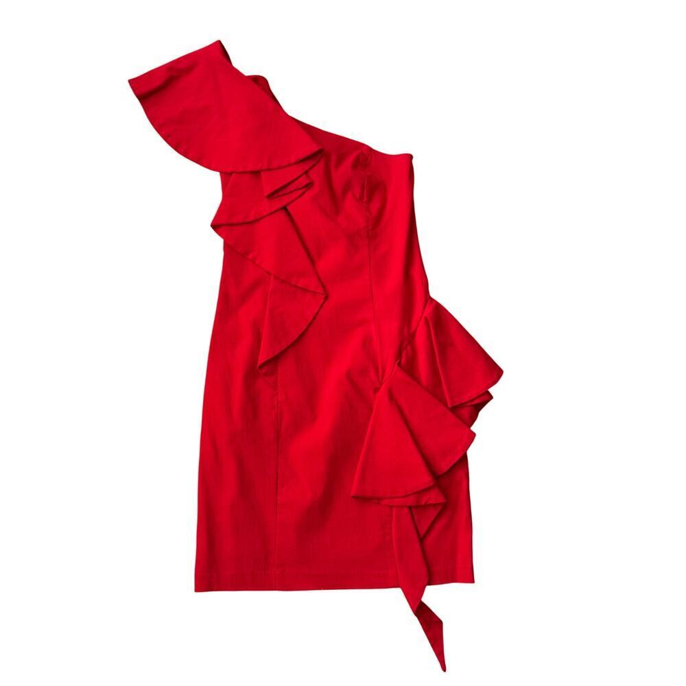 Forever Unique Red One Shoulder Wide Ruffle Stretch Mini Dress Sz 8 (US 4) Party